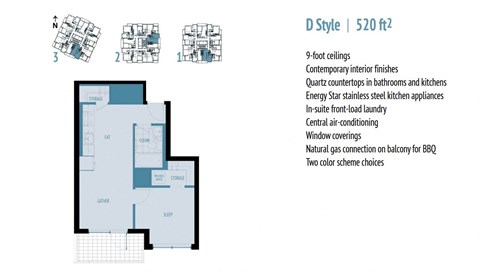 A blueprint of a D Style apartment layout with a list of features on the right side.